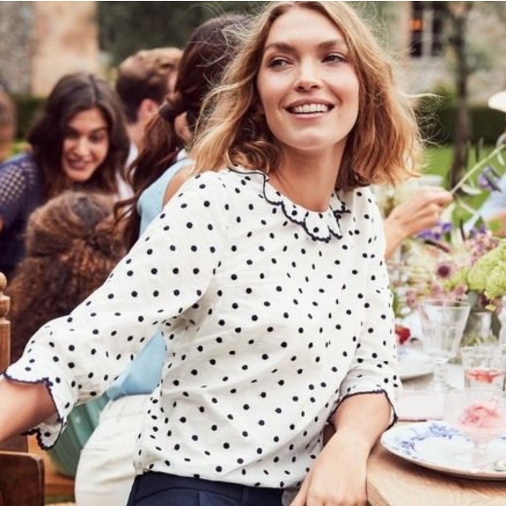 Boden Penelope Polka Dot Scalloped Embroidered Top